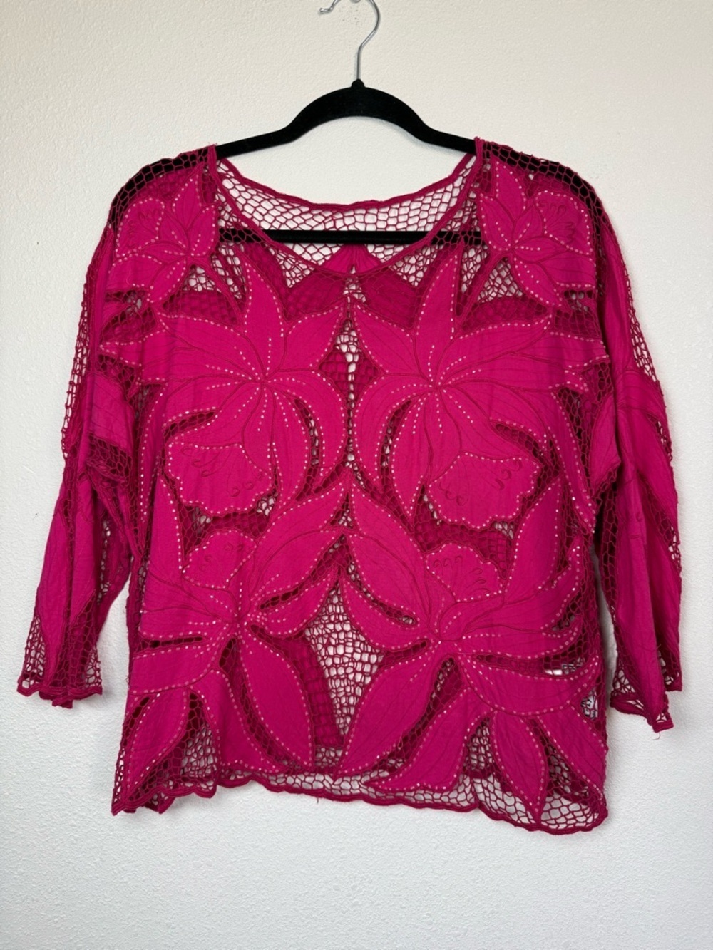 Surya Pink Beaded Sheer Floral Lace Top Boho Y2K Blouse Size L - Picture 2 of 12